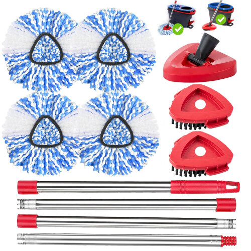 Sgizoku 8PCS Mop Refills with Handle Compatible with Viledar H2PrO System Spin RinseClean 2Tank:4 Microfiber Refills+2 Brushes+1 Spin Mop Base+1 Mop
