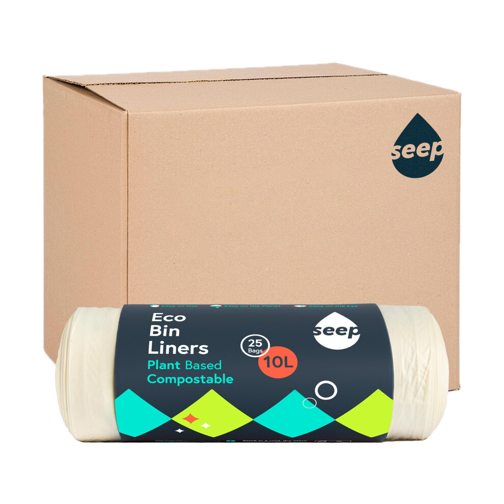Seep Compostable 375 X 10 Litre Bin Bags - 10L Eco Friendly Bin Liners - Food Waste Caddy Liners - Biodegradable Waste Paper Bin Liners Clear | 15