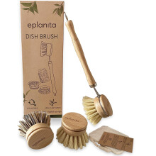 eplanita Natural Dish Brush, 3 Replacement Heads, Kitchen Eco Bamboo Scrubber Brushes, Extra Plant Sponge, Plastic Free Washing Up, Zero Waste
