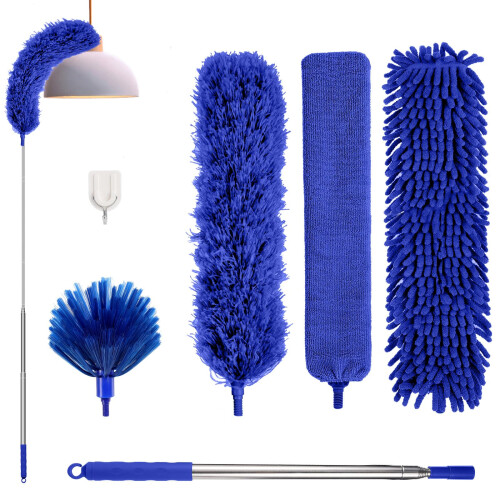 Feather Duster,7 PCS Extendable Duster with Extension Pole Up to 100 Inch, Reusable Bendable Cobweb, Washable Long Duster for Cleaning Ceiling