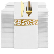 YIDUHAO Pre-Folded Napkins with Cutlery Pocket | 40x40cm Thick & Absorbent | Gold Print for Birthday BBQ Wedding 100PCS