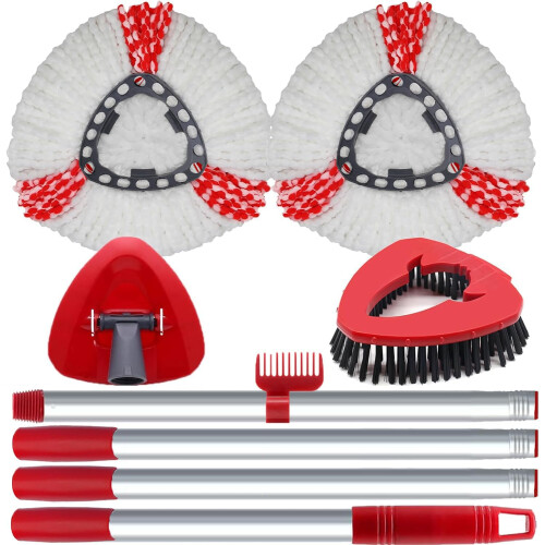 Spin Mop Head Replacement Compatibility with Vileda All Turbo System, 2 Microfiber Mop Refill+1 Handle+1Base+1 Cleaning Brush Comb, Shower Floor