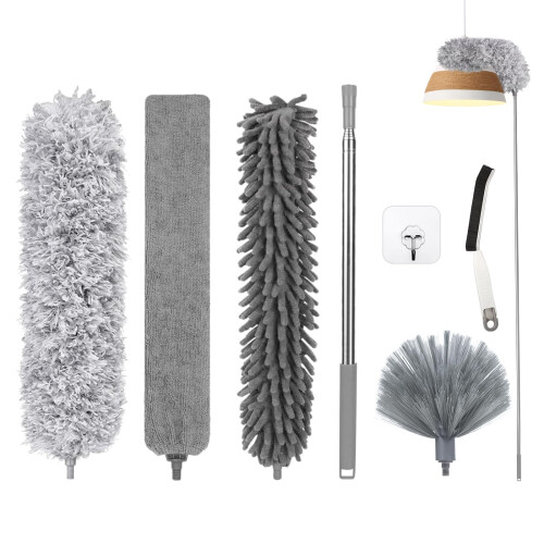 Fogray Extendable Feather Duster, Bendable Microfiber Duster with Extra Long 100" Telescopic Extension Pole and Soft Silicone Cap, Washable Duster for