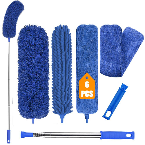 Extendable Feather Duster, 6PCS Microfiber Duster Cleaning Kit with Telescoping Extension Pole 100 Inch, Reusable Bendable Dusters, Washable