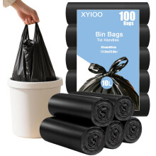 XIYOO Small Black Bin Bags 10L Bin Liners with Tie Handle 100 Counts Mini Rubbish Bags Swing Pedal Waste Bags Strong Plastic Trash Bags for