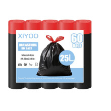 XIYOO Bin Bags 25L Bin Liners with Drawstring 60 Counts Black Rubbish Bag Strong Trash Bags