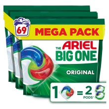 Ariel The Big One PODS Laundry Capsules, 69 Washes (3 x 23), Original ? 2X Stain & Odour Removal, Fast Dissolving in Cold