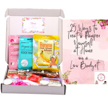 Pampering Treat Gift Box Hamper |Hot chocolate, Biscuits, Hair Sheet, Collagen Face mask, Foot Pack, Candles, Wafers, Chocolate & Marshmallow|