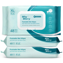 WhyWorry Flushable Wipes for Adults, Extra Large 20x25 cm Flushable Toilet Wipes with Chamomile & Vitamin E, Moist Toilet Tissue, 100% Plant-Based,