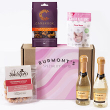 The Prosecco and Treats Hamper For Her - Two Small Prosecco, Cambrook Chocolate Orange Fruit & Nut Mix, Joe & Seph's Popcorn & Candy Kittens - Hamper