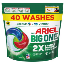 Ariel The Big One PODS, Washing Liquid Laundry Detergent Capsules 40 Washes, Original, 2X Stain & Odour Removal, Fast Dissolving Even in Cold