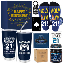 Eiapadeor 21st Birthday Gift for Him - 7-Piece Set with Tumbler, Wine Opener, Bracelet, Socks, Greeting Card, Ideal for Son, Boyfriend, Best Friend,