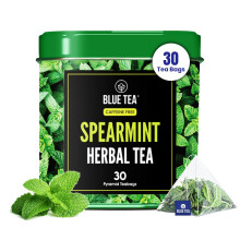 BLUE TEA - Spearmint Tea - 30 Count - Pyramid Plant Based Biodegradable Tea Bags | Antioxidant Rich | Caffeine Free - Non-Bitter - Herbal Tea | Tin