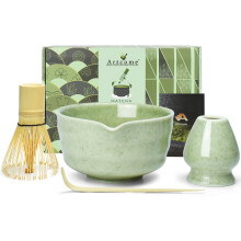 Artcome 4-Piece Matcha Tea Set - Complete Japanese Ceremony Kit with Bowl, Whisk, Whisk Holder, Scoop & Guide, Mottled Light Green