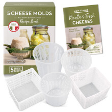 Easy Cheesemaking Set | 5 Cheese Molds + Cheese Making Book | Made in Italy | Recipes to Make Ricotta, Paneer, Goats Cheese, Quark and More |