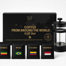 World Coffee Gift Set with French Press Coffee Maker ? 4 Finest Single Origins | Premium Ground Coffee Gift Box Cafetiere | Hamper Style Ultimate Xmas