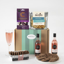 Burmont's Rose Wine & Chocolate Gift Hamper - Two Small Rose Wines, Joe & Seph's Popcorn, Cambrook Chocolate Almonds & Premium Choc Chip Biscuits -