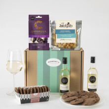 Burmont's White Wine & Chocolate Gift Hamper - Two Small White Wines, Joe & Seph's Popcorn, Cambrook Chocolate Almonds & Premium Chocolate Chip