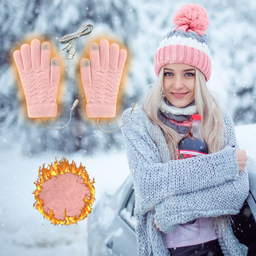 USB-beheizbare Handschuhe für Damen – Touchscreen, 5-Finger, Pink 1