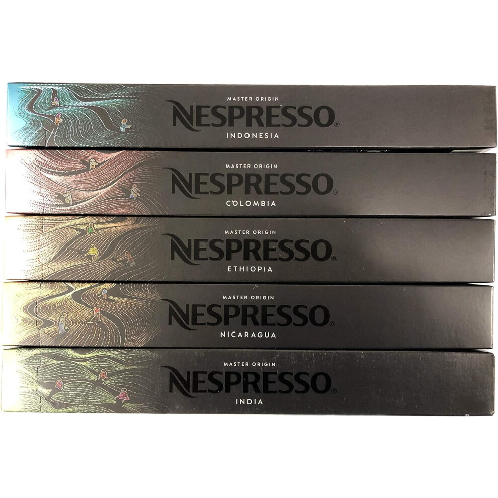 Nespresso Originalline Master Origin Variety Pack: Colombia, Ethiopia, India, Indonesia, Nicaragua, 50 Capsules - Not Compatible With Vertuolin