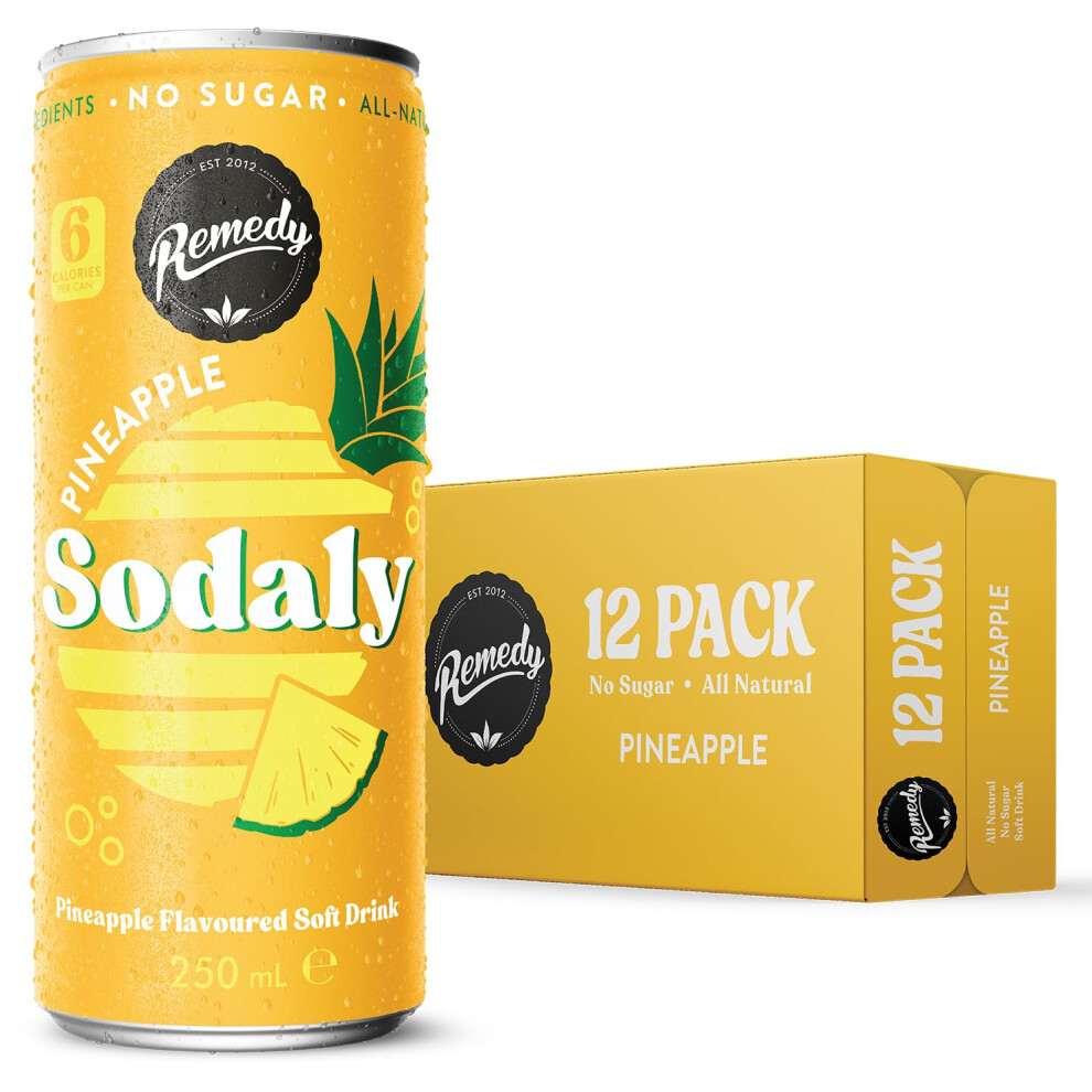 Remedy Sodaly Pineapple Prebiotic Soda, 12 X 250Ml Cans - All-Natural Flavoured Fizzy Drink With Prebiotics For Gut Health - Sugar Free Soft Drink