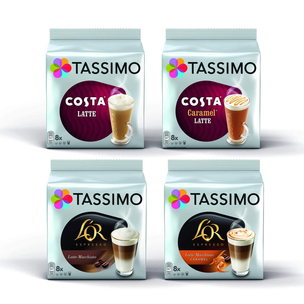 Tassimo Latte Bundle - Costa Latte/Costa Caramel Latte/L'or Latte Macchiato/Latte Macchiato Caramel Coffee Pods - 4 Packs (32 Servings)
