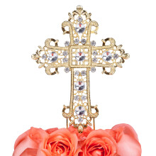LOVENJOY Gold Baptism Cross Cake Topper Large Crystal Rhinestone First Holy Communion Cake Topper, Gift Boxed