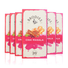 Brodies Chai Masala Tea Tag and Envelope - 6 Tea Boxes of 20 Tea Bags each (120 Tea Bags) - Classic Indian Black Tea blended with Spices for a rich