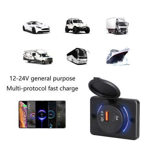 Πρίζα USB 12V/24V με κάλυμμα, PD3.0 18W Type C & QC3.0 18W Θύρα USB Πάνελ, Πρίζα USB Αυτοκινήτου, 1