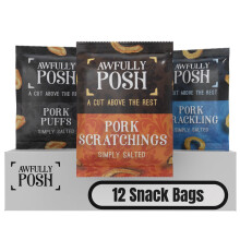 Awfully Posh Pork Snacks Pack of 12 Bundle | Scratchings, Cracklings, and Puffs | Made Using Prime Cuts, No Nasties | A Bag of Perfectly Even Strips
