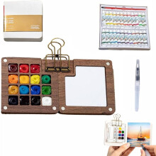 Kit de viaje de acuarela en madera de nogal con cuaderno de bocetos