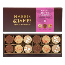 Harris & James Great British Puddings 12 Piece Chocolate Selection Box. Handmade Luxury Chocolates From Bean To Bar. Raspberry Eton Mess, Sticky