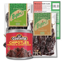 BUB Mexican Chilli Gift Pack - 3-Pack of 75g Tajin Dried Chillies: Ancho, Guajillo & La Costena Chipotle in Adobo 199g - Authentic Mexican Flavours