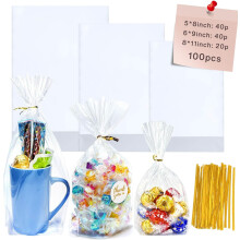 Sachets Ă friandises transparents en cellophane avec attaches, 15 x 23 cm, lot de 100