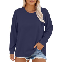Overdimensioneret komfort-T-shirt til kvinder, afslappet pasform, langærmet, rund hals, blødt stof, hverdagstop med manchetter forneden