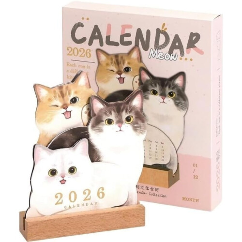 Kattekalender2026Månedlig kalender med træbase