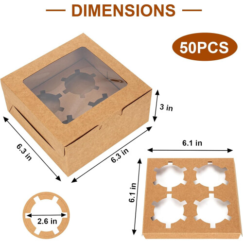 50 τεμάχια κουτιά μπισκότων 6x6x3" με παράθυρο, καφέ δοχεία αρτοποιίας για 1