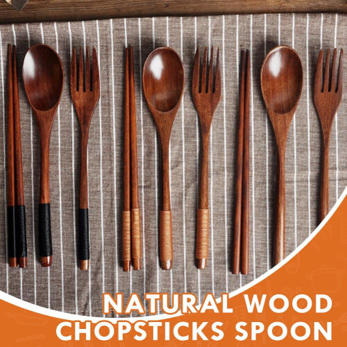 Wooden Fork, Spoon & Chopsticks Set – 3-Piece Portable 1