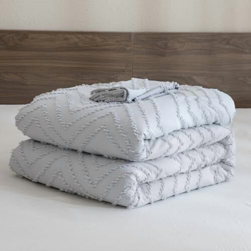 Silver Grey Boho Comforter Set for Full Bed, 3-Pc Chevron Tufted Microfiber Set, Compatible with Full Size 1
