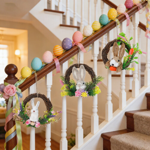 Coroană de Paște cu Iepuraș de Paște, Inel de Ratan, Decor Floral 2