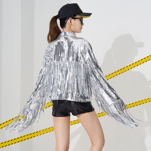Veste à franges et sequins pour femme, ouverte sur le devant 1
