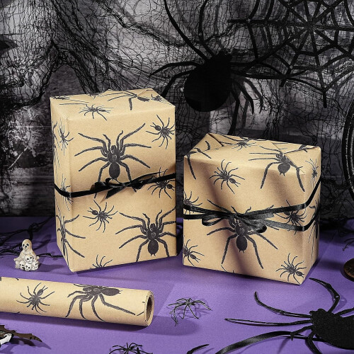 Ρολό χαρτιού περιτυλίγματος για το Halloween με αράχνες – Μαύρο γοτθικό σχέδιο Kraft, 17" 2