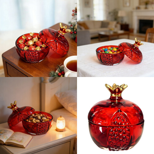Glass Pomegranate Shape Candy Storage Jar with Lid for Home-Red 2