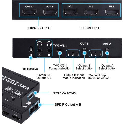 HDMI Matrix 3x2 Switch - 4K@60Hz with EDID/IR Remote HDCP 2.2 1