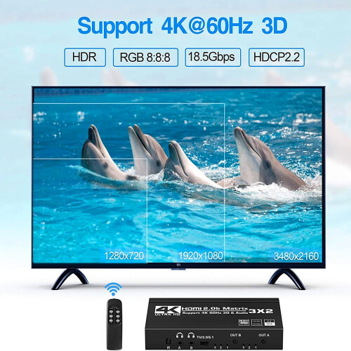 HDMI Matrix 3x2 Switch - 4K@60Hz with EDID/IR Remote HDCP 2.2 2