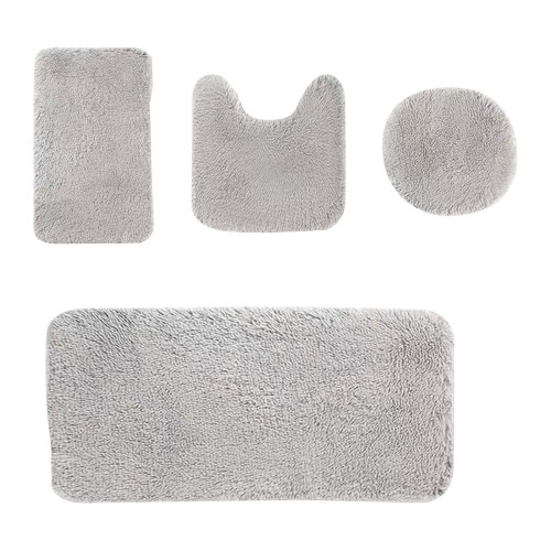 Badezimmerteppich-Set, Plüsch-WC-Matte in U-Form, Grau, 4-teilig