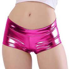 Shorts femininos metálicos de cintura baixa, brilhantes, para raves e festivais de dança.