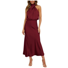 Women's sleeveless mock neck satin cocktail dress with