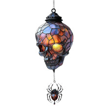 Stained Glass Skull Hanging Light with Bat Pendant