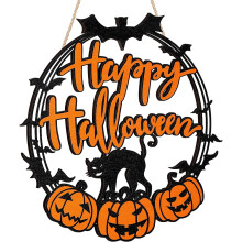 Semn de ușă din lemn de Halloween – Design pisică dovleac